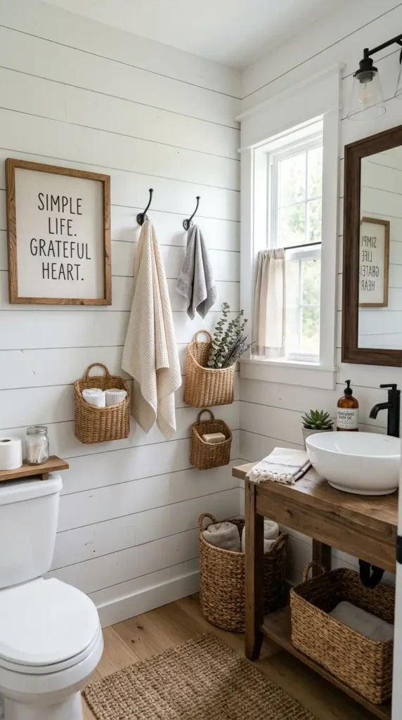 Farmhouse bathroom with light shiplap, wall hooks, and woven basket decor