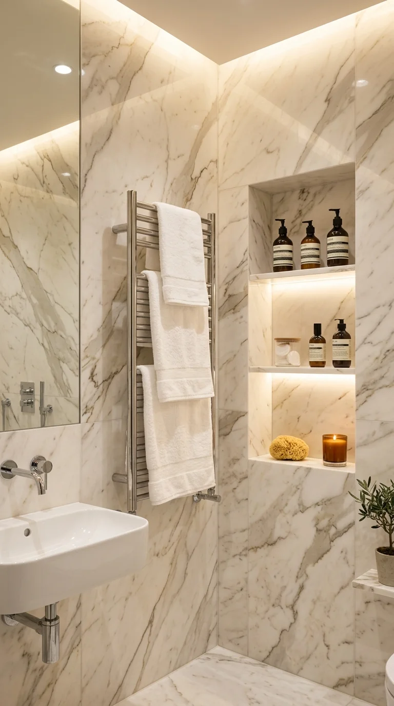 Luxury marble bathroom with towel warmer and soft ambient lighting