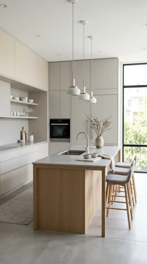 Minimalist neutral kitchen with modern island and soft elegant lighting