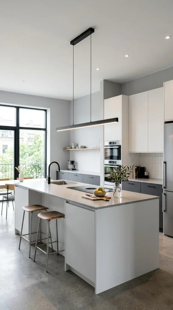 Minimalist kitchen with sleek modern lighting and clean contemporary design