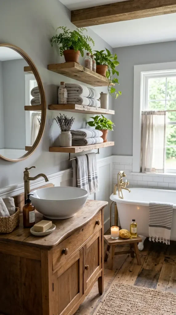Farmhouse bathroom with wooden shelves, neutral tones, plants, and striped towels