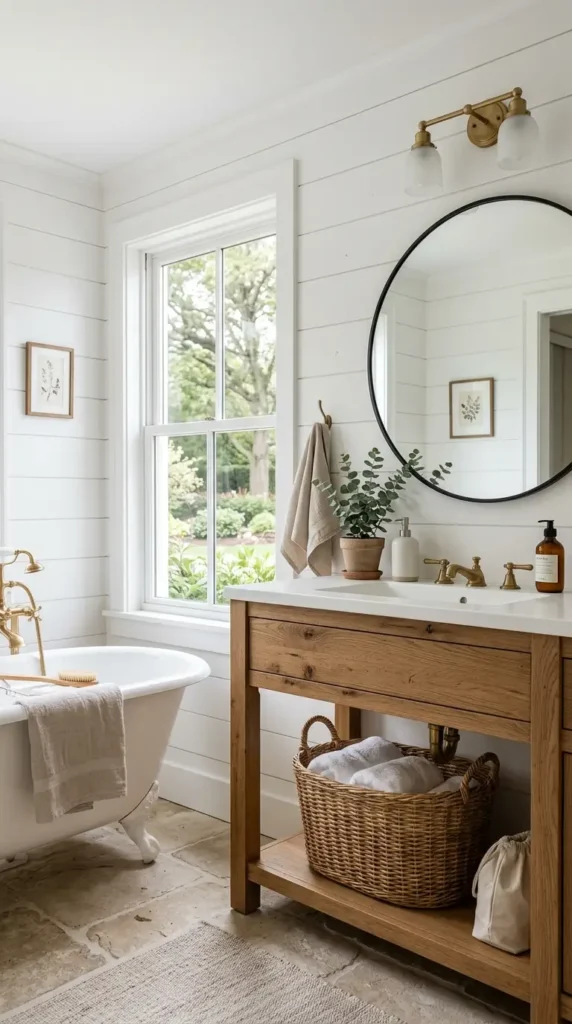 Farmhouse bathroom with wood cabinets, round mirror, shiplap walls, and natural light