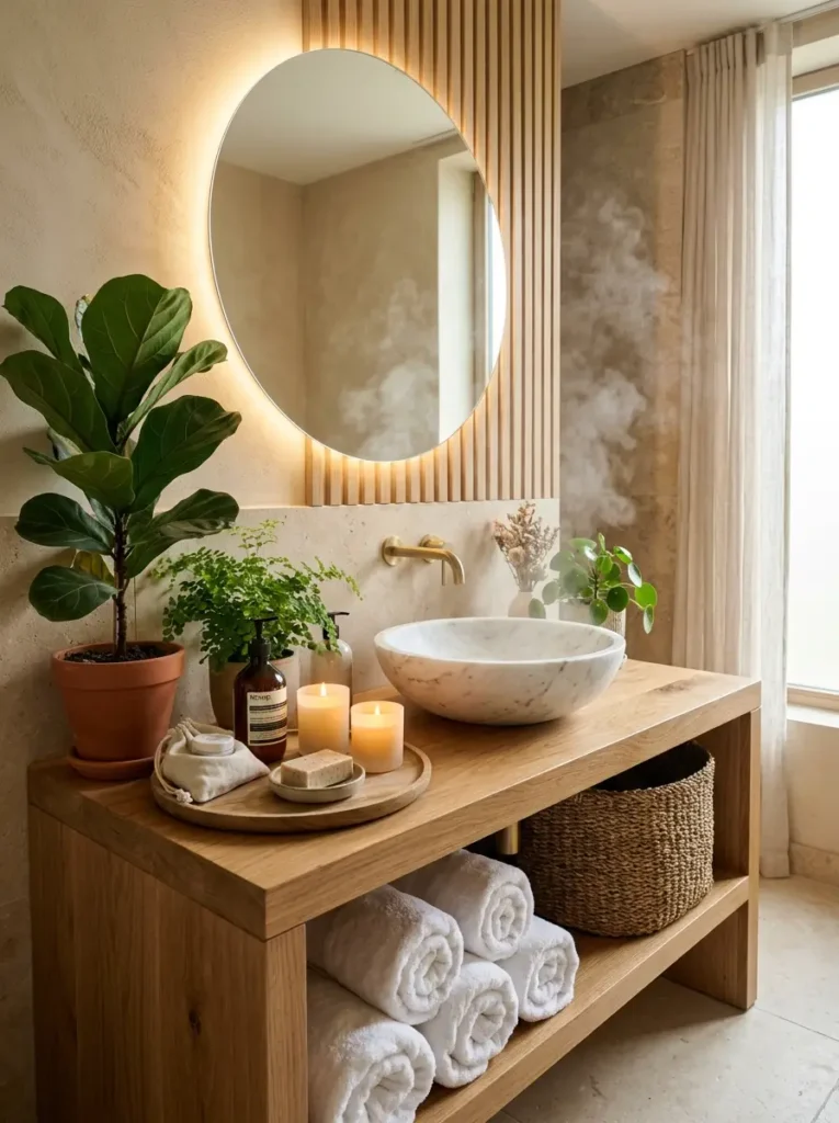 Spa Bathroom Ideas: natural green spa-style bathroom with woven decor