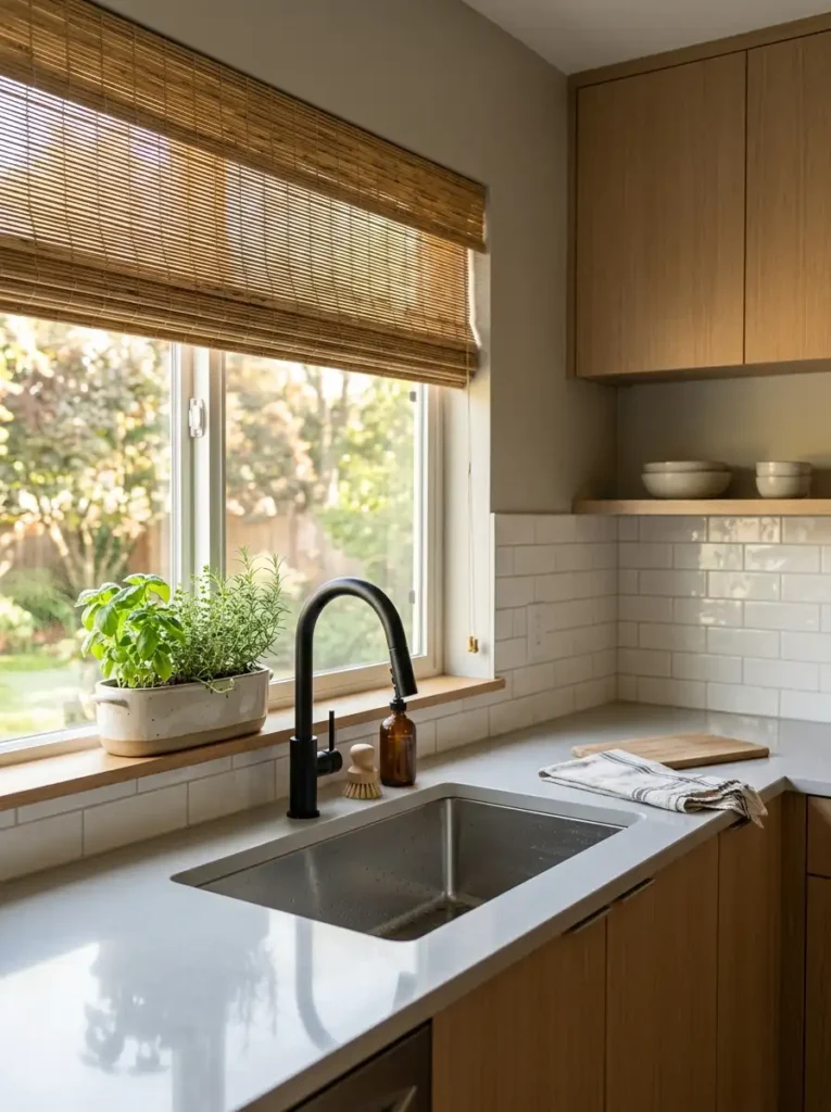Natural Kitchen Sink Ideas with black faucet and plants