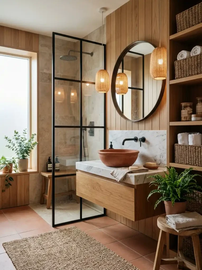 Spa Bathroom Ideas: modern bathroom with wood, marble, and glass shower