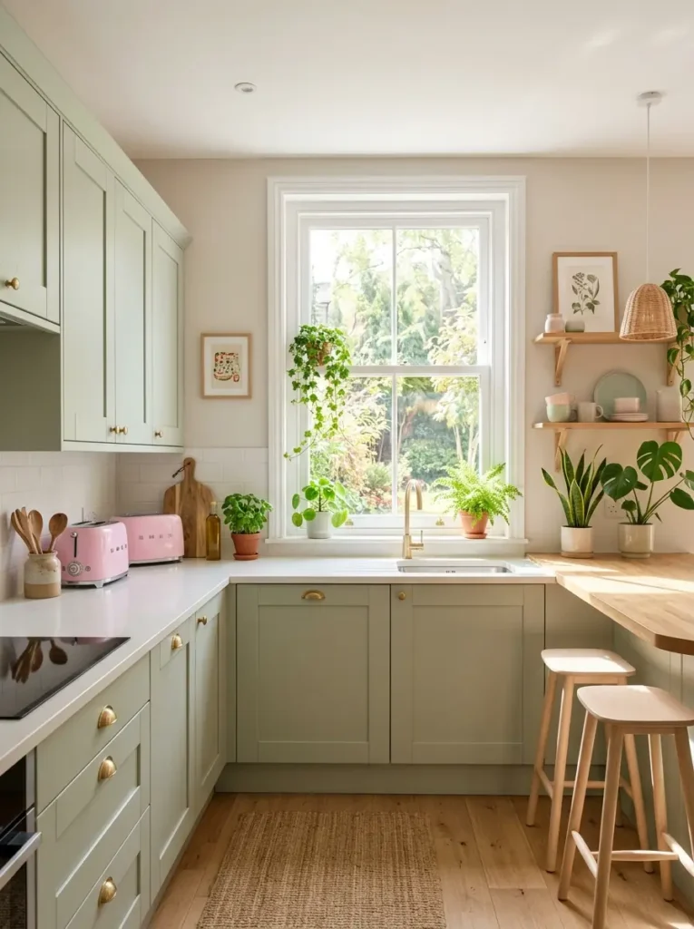 Pastel Terraced House Kitchen Ideas with green cabinets and natural light