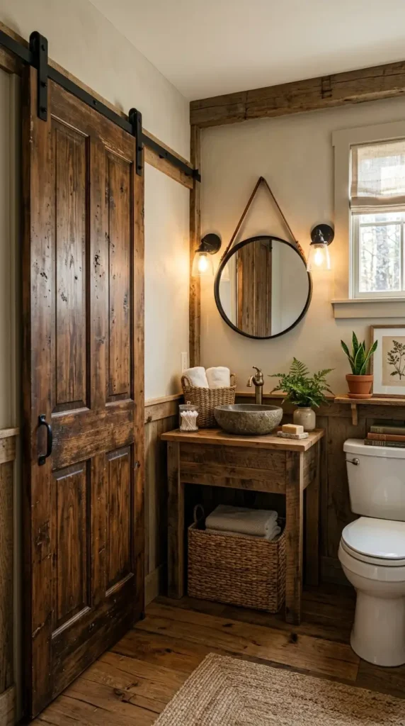 Farmhouse bathroom with rustic sliding barn door, wood tones, and woven baskets