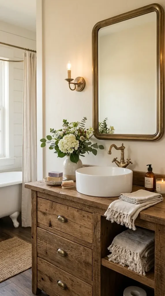 Rustic wooden vanity bathroom with sleek sink and elegant decorRustic wooden vanity with sleek sink, warm textures, and elegant accessories transforms your bathroom into a cozy, spa-like retreat for relaxation.