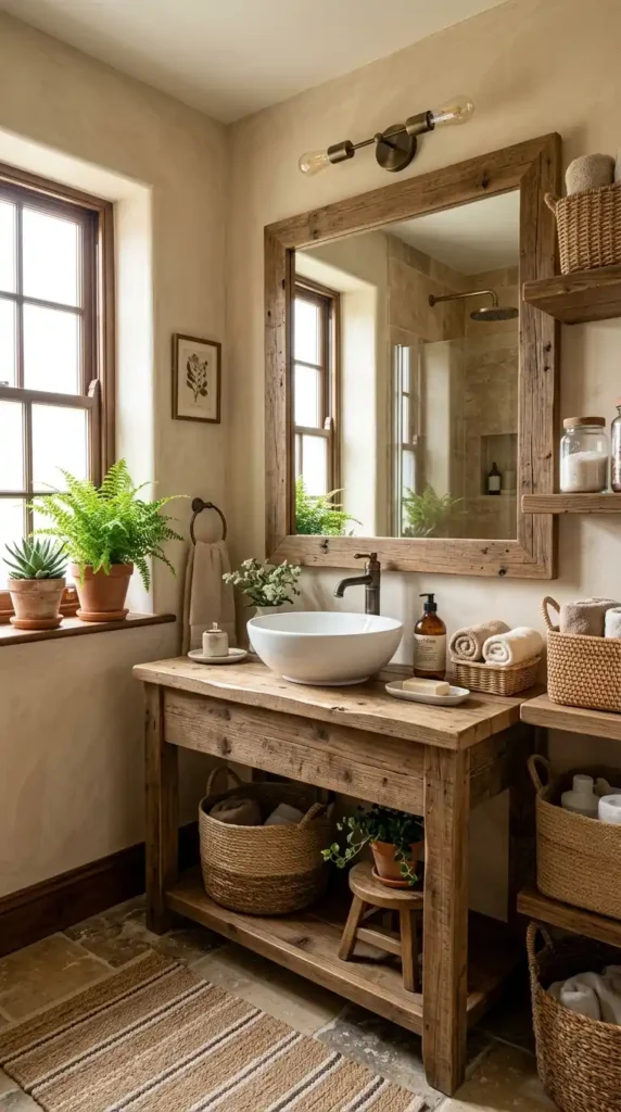 Rustic farmhouse bathroom with wood vanity, mirrors, baskets, and greenery
