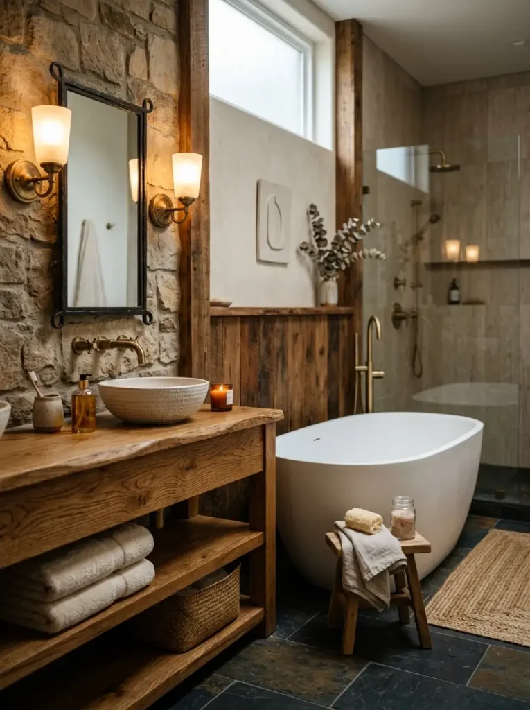 Spa Bathroom Ideas: rustic bathroom with wood vanity and freestanding tub