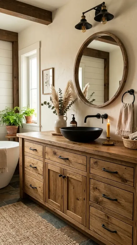 Rustic bathroom with wooden vanity, black fixtures, and decorative countertop