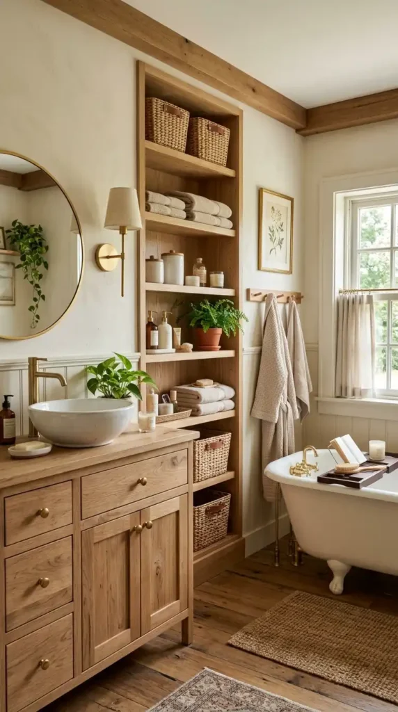 Rustic farmhouse bathroom with wood cabinetry, gold fixtures, wicker baskets, and greenery