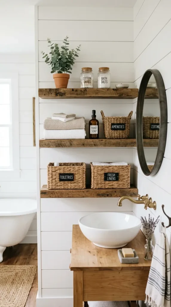 Minimalist bathroom with rustic wooden shelves, jars, baskets, and plants