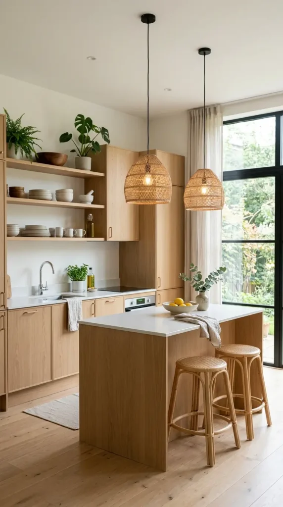 Scandinavian minimalist kitchen with wood tones, wicker lights, and open shelving