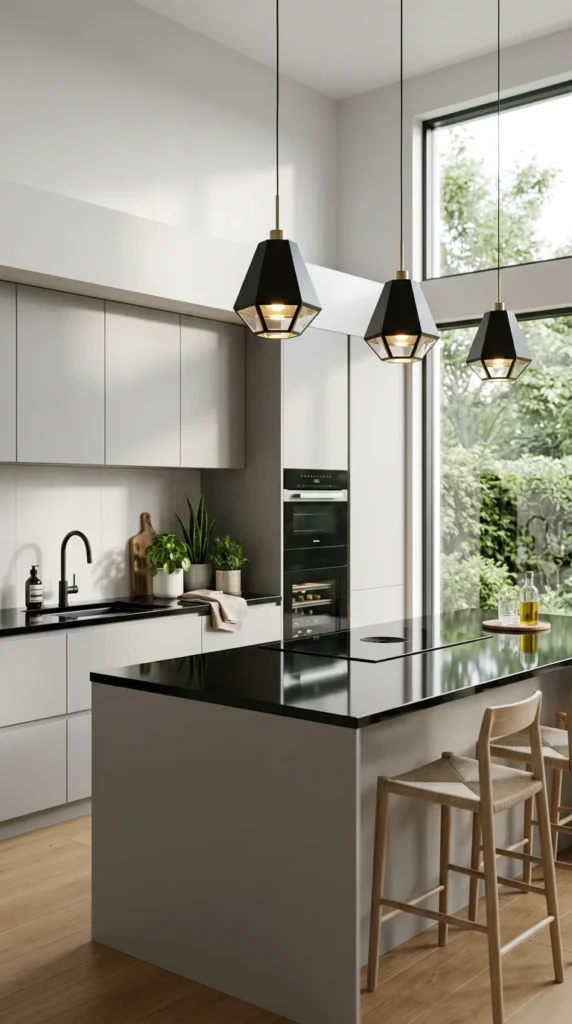 Modern kitchen with black countertops, minimalist cabinets, geometric lights, and green plants