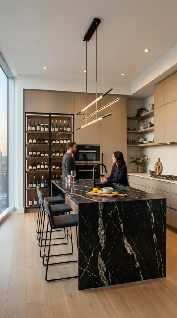 Modern kitchen with black marble island, bar stools, and soft cabinetry