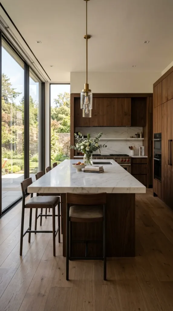 Modern kitchen with marble island, dark wood cabinets, and minimalist bar stools