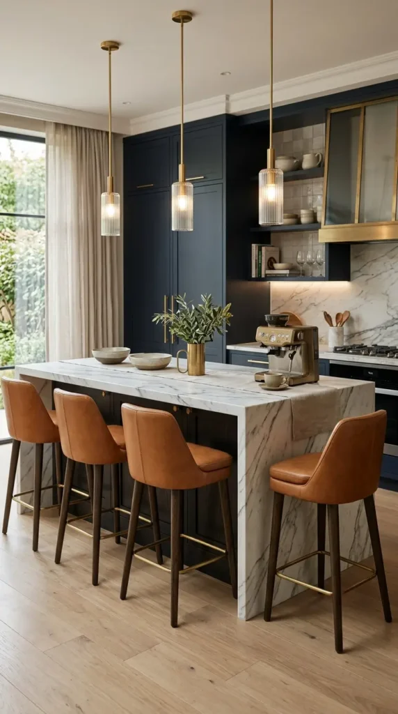 Marble kitchen island with gold pendant lights and leather bar stools