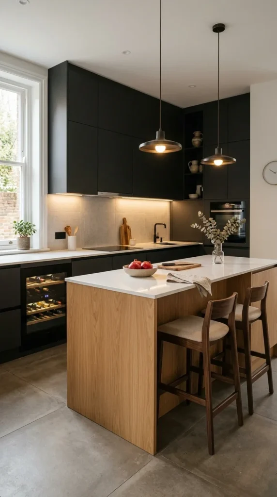 Minimalist kitchen with dark cabinets, wooden island, wine cooler, and modern seating