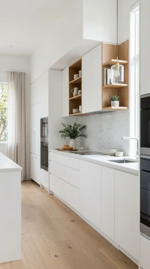 Minimalist kitchen with marble backsplash, white cabinets, and wood accents