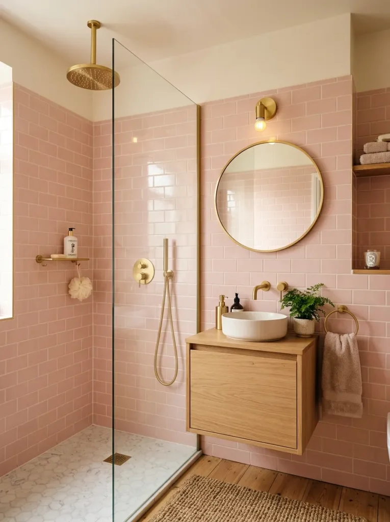 Small pink bathroom with subway tiles, gold fixtures, and round mirror