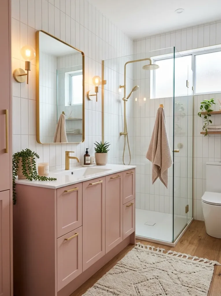 Soft pink bathroom with gold fixtures, glass shower, and modern lighting