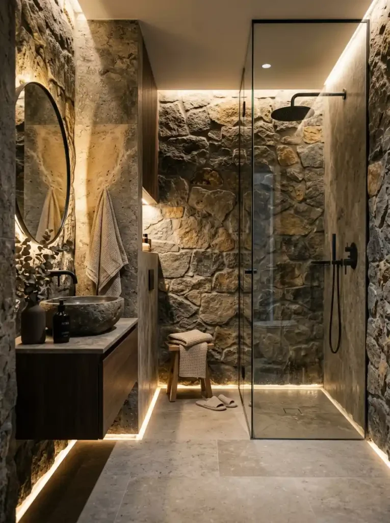 Spa Bathroom Ideas: natural stone wall bathroom with warm ambient lighting