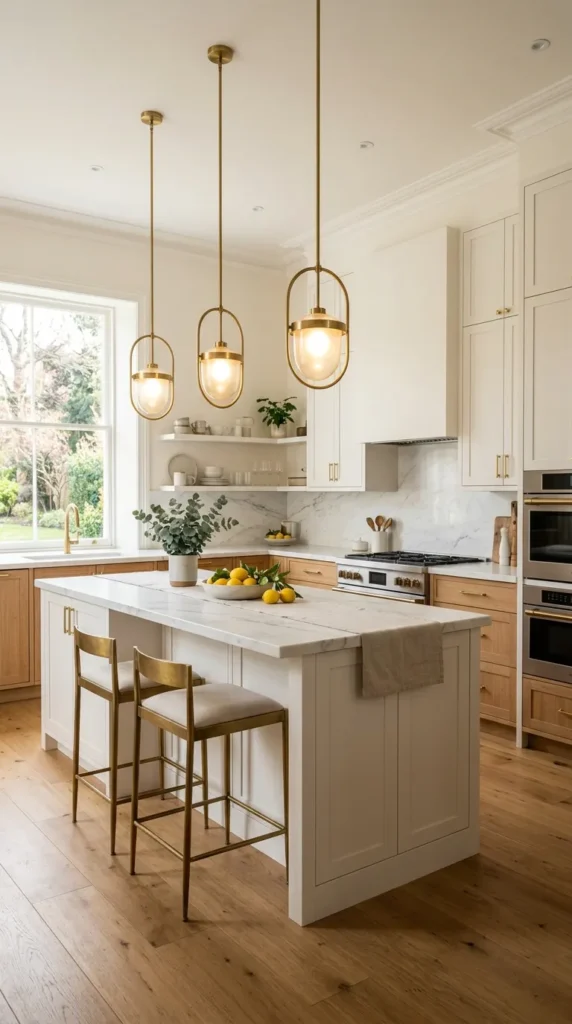 Modern kitchen with brass pendant lights and elegant warm interior design