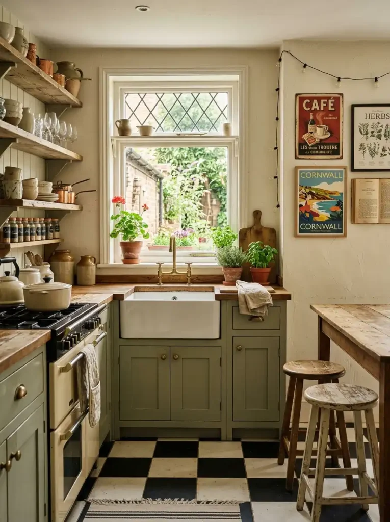 Vintage Terraced House Kitchen Ideas with green cabinets and checkerboard floor