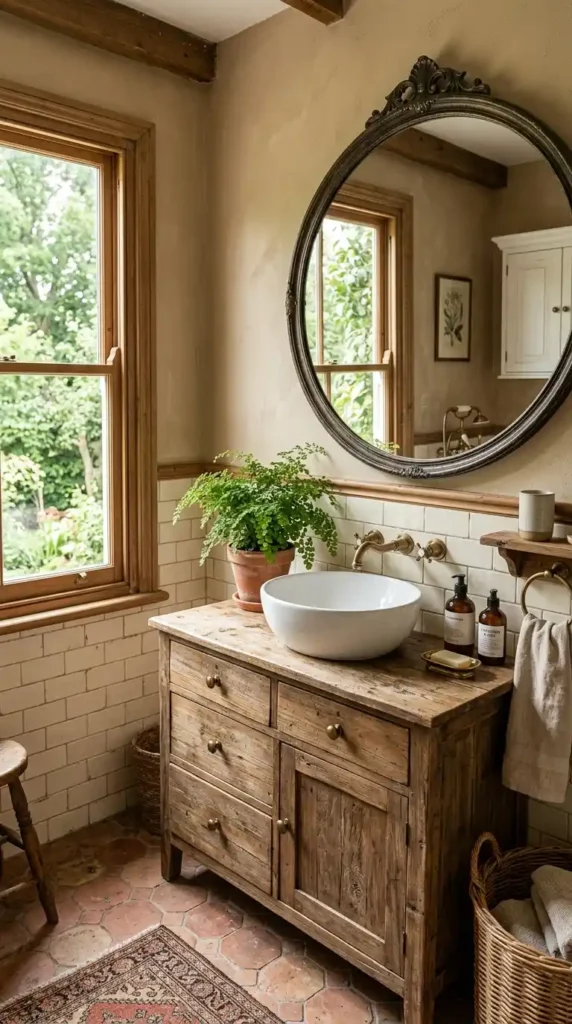 Vintage bathroom with distressed wood vanity, modern sink, mirror, and plants