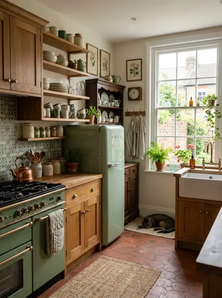 Terraced House Kitchen Ideas with vintage green appliances and wooden cabinets