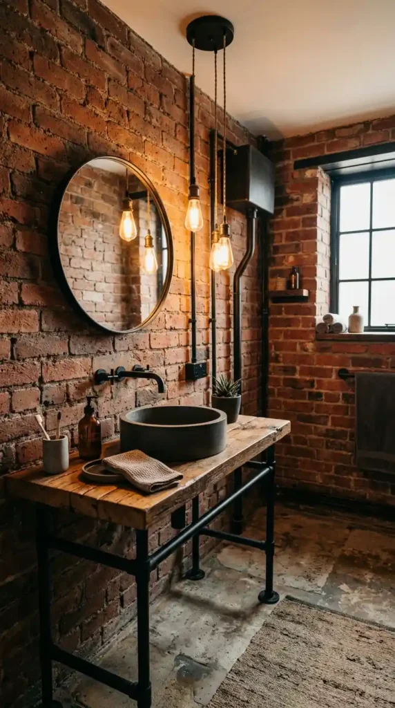 Industrial rustic bathroom with brick wall, wood vanity, and Edison lights