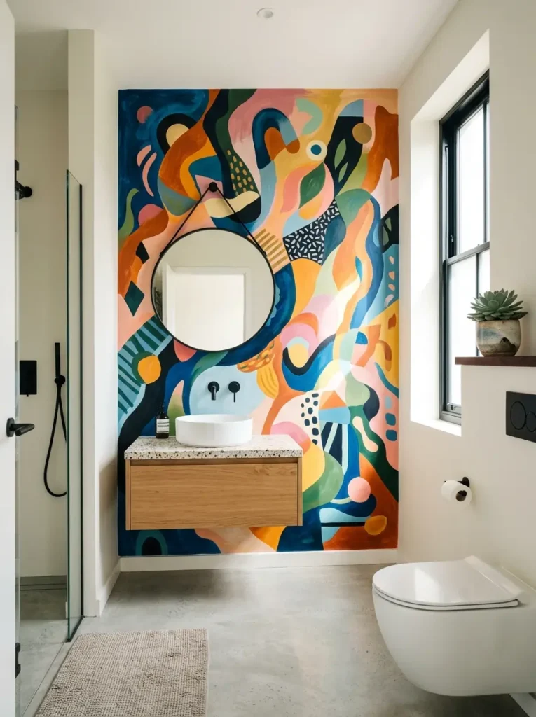 Funky Bathroom Ideas with abstract mural wall