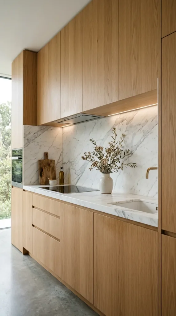 Minimalist kitchen with marble surface, wooden cabinets, and subtle decor