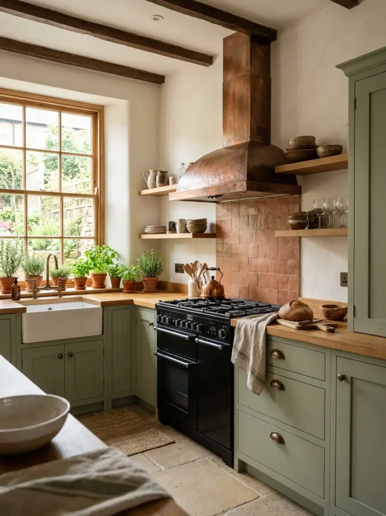 Terraced House Kitchen Ideas with green cabinets and copper range hood