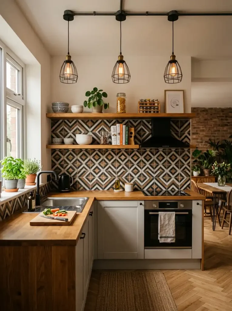 Terraced House Kitchen Ideas with geometric backsplash and wood countertops