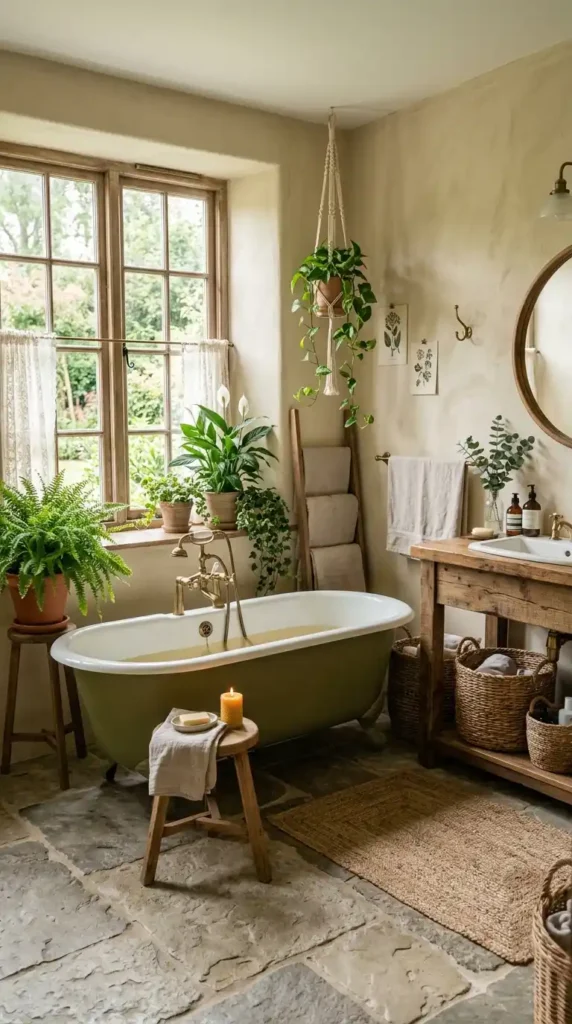 Farmhouse bathroom with green tub, plants, wooden vanity, and woven baskets