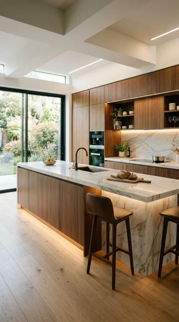 Modern kitchen with marble island, wood cabinets, and integrated lighting design
