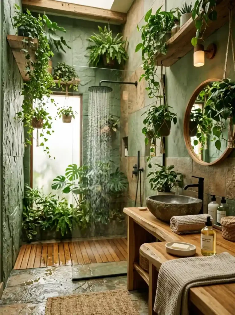 Spa Bathroom Ideas: nature-inspired bathroom with greenery and rain shower