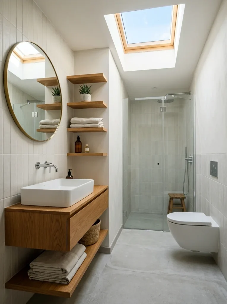 Minimalist small bathroom with skylight, wood accents, and modern sink