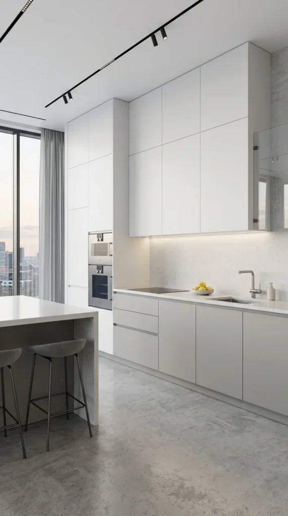 Minimalist monochrome kitchen with sleek cabinets and integrated appliances