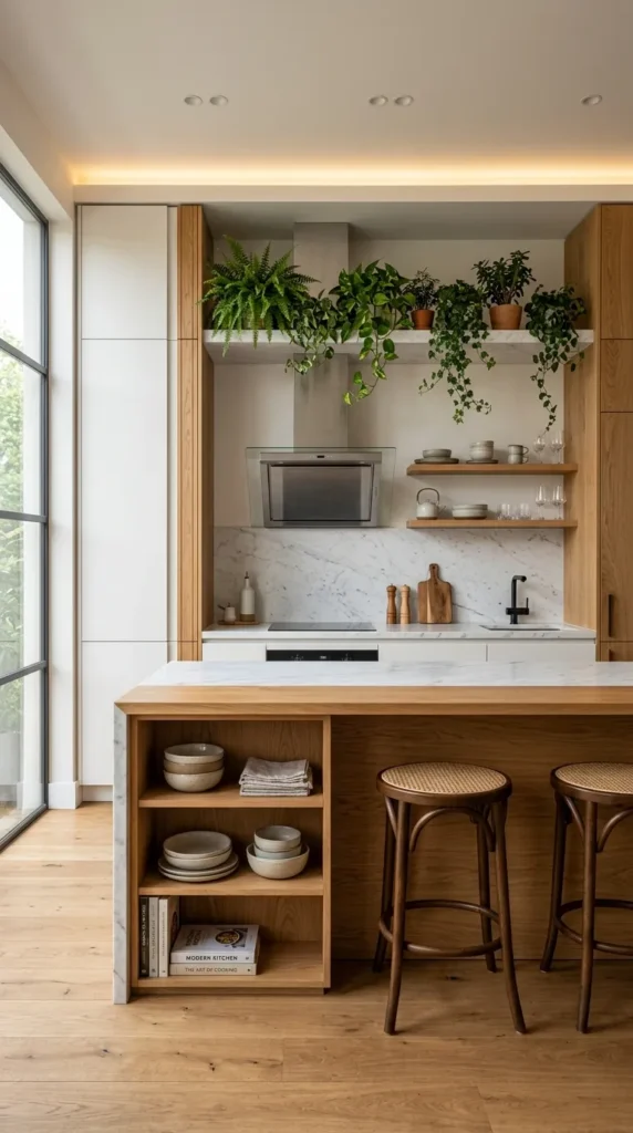 Modern kitchen with wood accents, marble island, white cabinets, and greenery