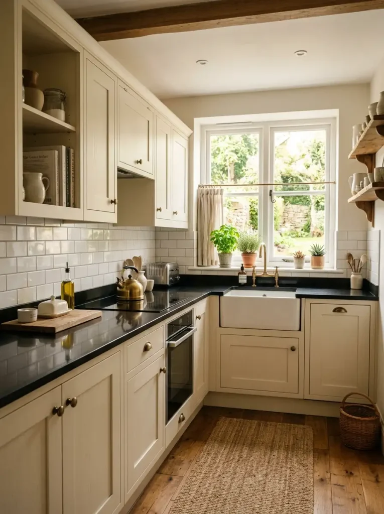 Terraced House Kitchen Ideas with cream cabinets and black countertops