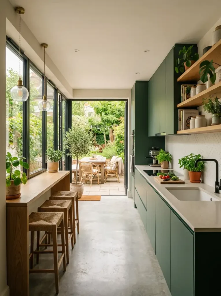 Terraced House Kitchen Ideas with green cabinets and terrace connection