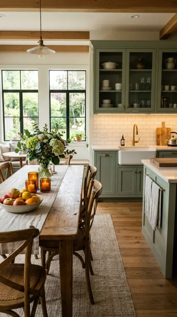 Contemporary farmhouse kitchen design with wooden dining table and muted green cabinets