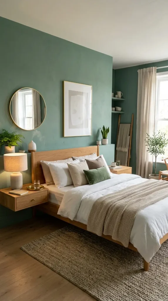 Jade green colored bedroom with wood furnishings and neutral bedding