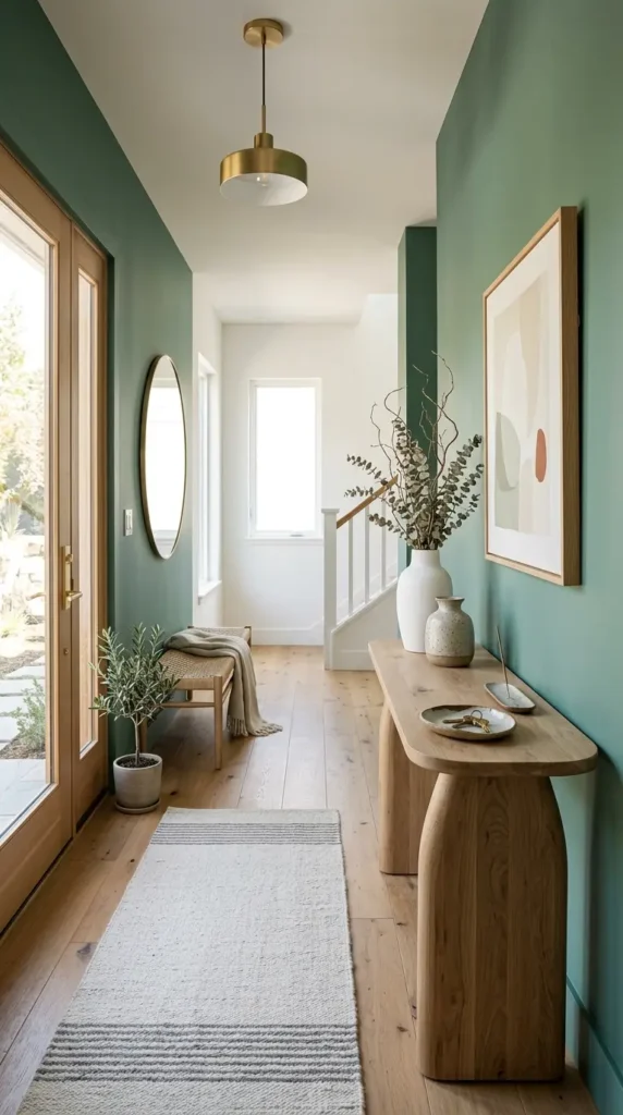 Entryway colored in jade green with wood floor, artistic furniture and minimal decor