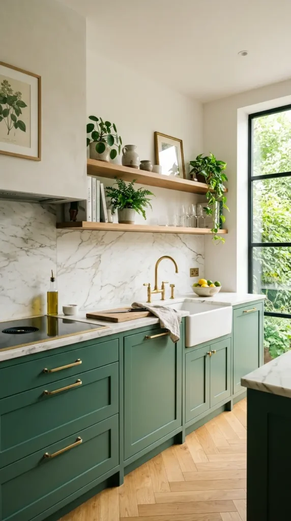 Kitchen cabinets in jade green color, equipped with brass handles, and marble countertop
