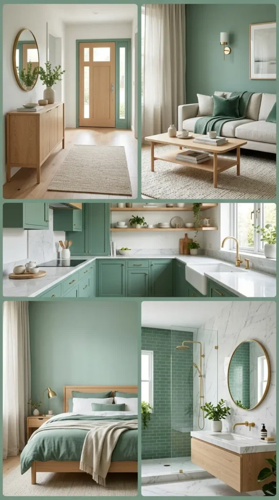 Contemporary house with jade green highlights, wooden furniture, brass fittings, and layering elements