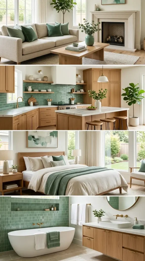 House of the future, with touches of jade green, wooden details, stoneworks, and texture combinations.